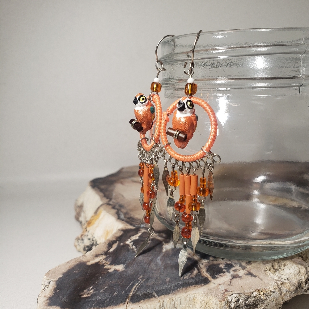 Handmade perching parrots birds earrings Super adorable Approximately 3" long
